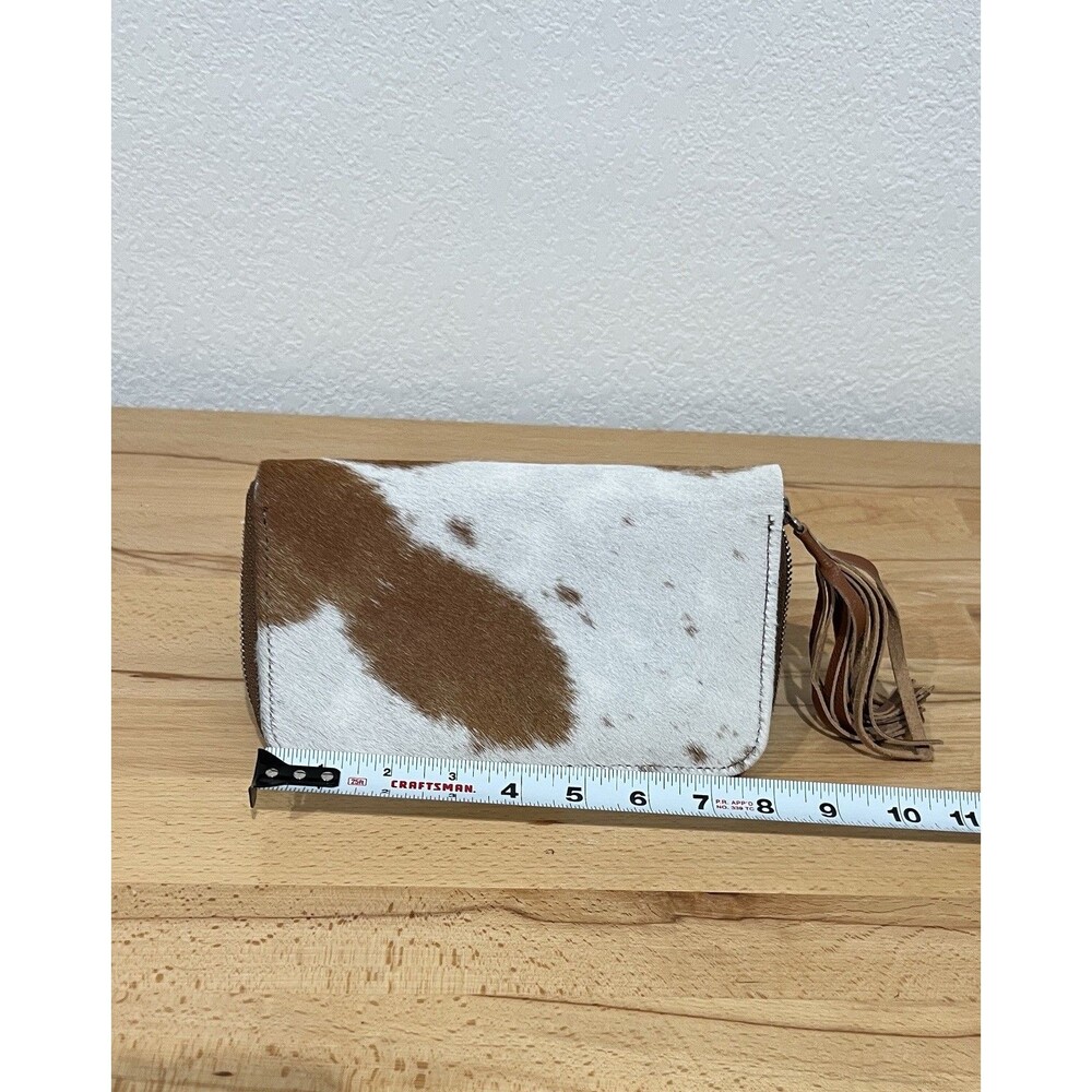 Brown & White Cowhide Leather Zip-Around Wallet w Tassel Card Slots ID Window - Picture 3 of 6